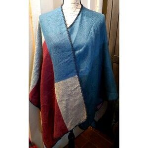 Saks Fifth Avenue Open Shawl Poncho Knit Gray Burgundy Blue One Size